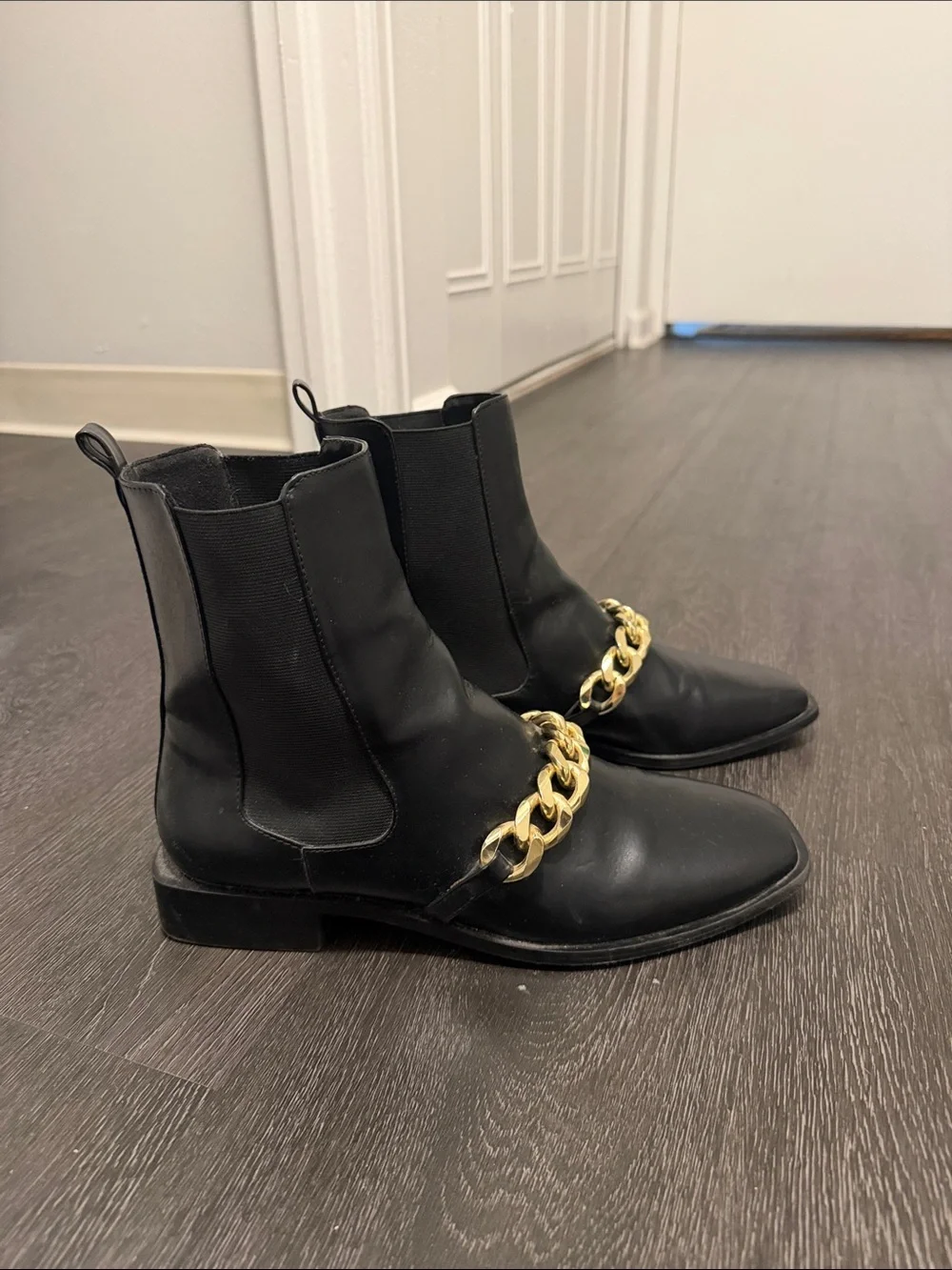 Black Leather Ankle Boots with Gold Chain